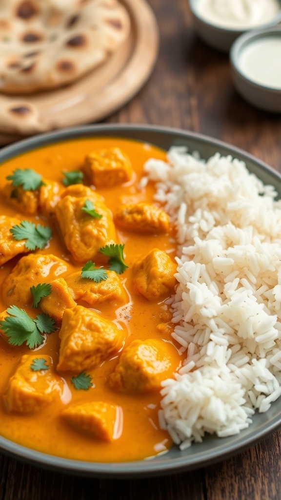 A plate of butter chicken with rice and cilantro on a wooden table.